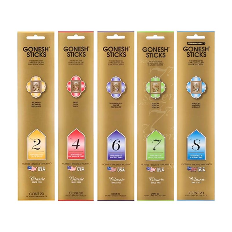 Gonesh - Classic Incense Sticks Variety Pack - Non-Toxic 10â€ Slow Burn Aromatic Sticks - No. 2, 4, 6, 7 and 8-5 Packs of 20 - Image 1